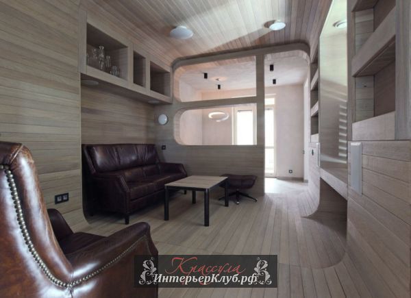 Гостиная с деревянной отделкой в дизайнерском интерьере квартиры в Москве