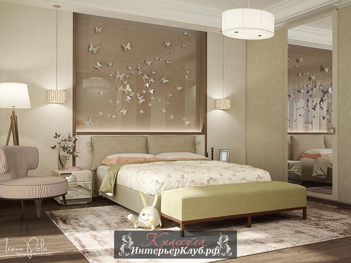 Красивые интерьеры спальни, бабочки на стене в изголовье кровати