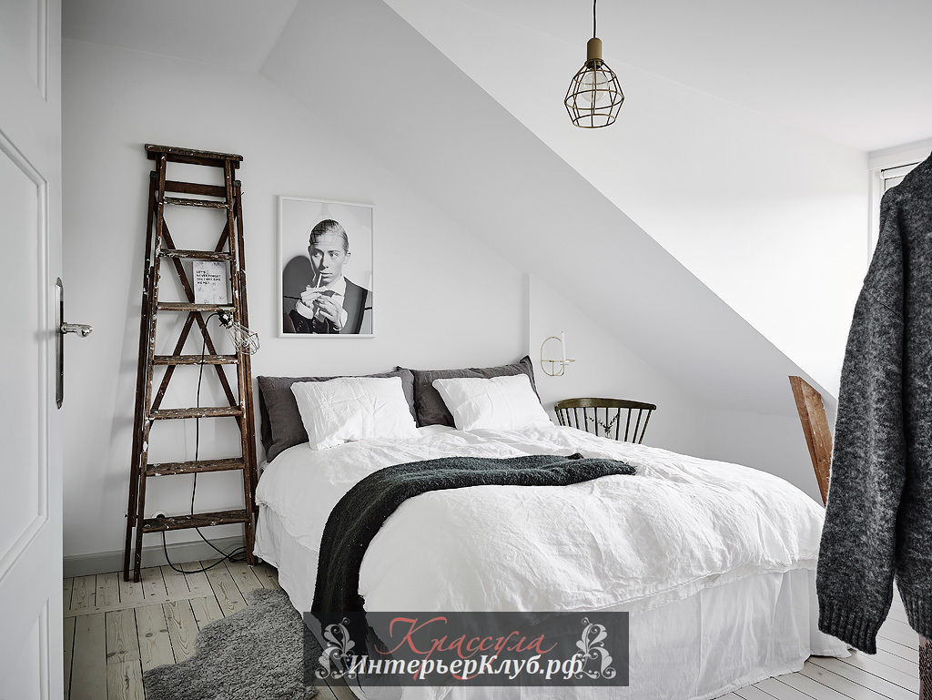 Маленькая спальня в скандинавском стиле с прикосновениями шебби шик и индустриального стилей в декоре