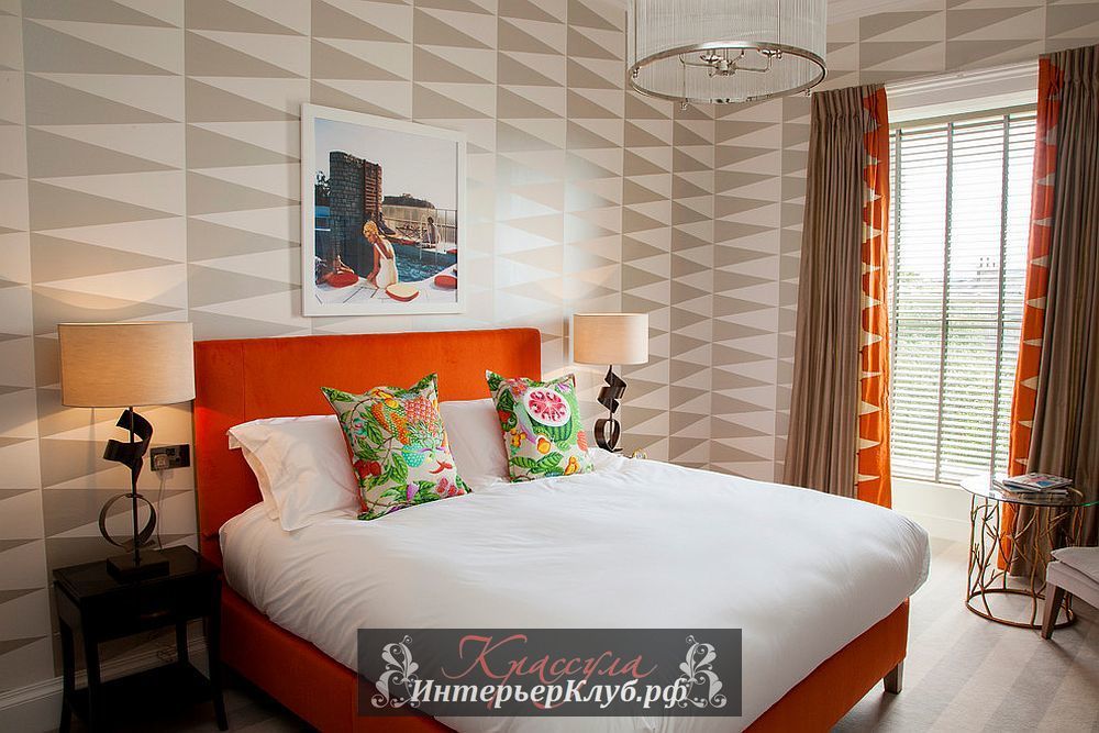 Геометрический рисунок на обоях в интерьере спальни, обои с геометрическим рисунком в интерьере
