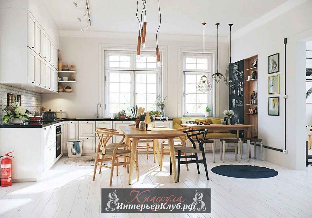 Интерьеры скандинавской кухни в белом, красивый выбеленный паркетный пол, две обеденные зоны и индустриальные свети