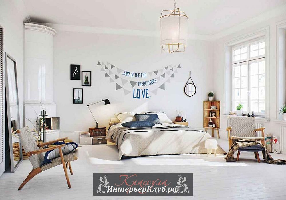 Комфортные интерьеры спальни в скандинавской квартире, лаконичный скандинавский декор и ретро мебель