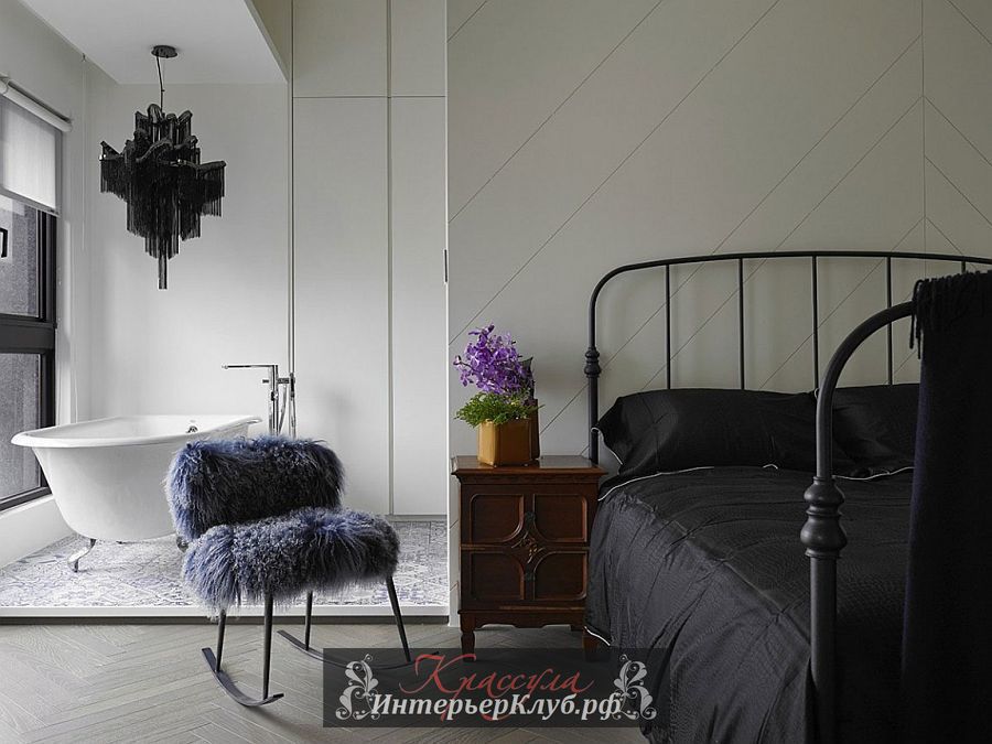 Лаконичный дизайн интерьера спальни с ванной