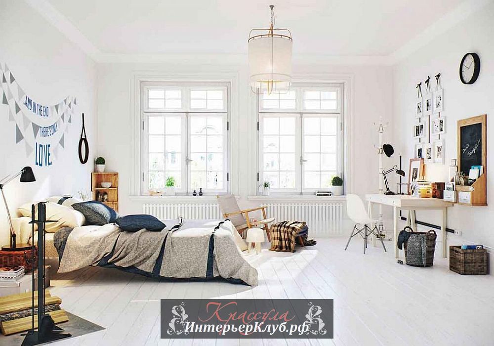 Просторные интерьеры скандинавской спальни в белом и небольшое рабочее место в зоне домашнего офиса